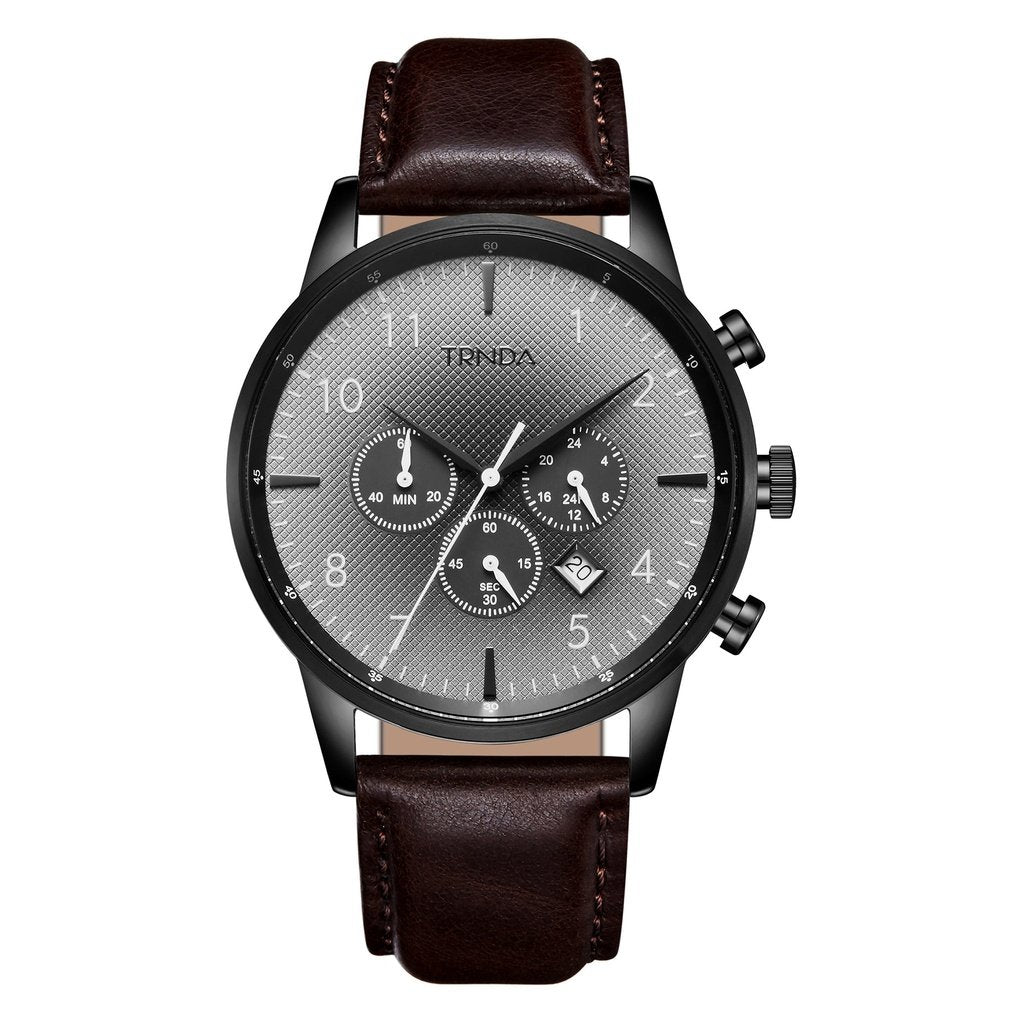 TRNDA Men's Stainless Steel Black Watch, Brown Leather Band | TRNDA-43MM-0