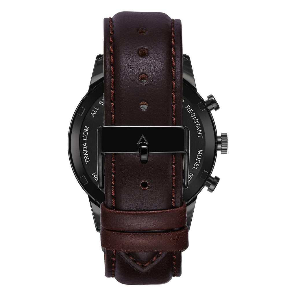 TRNDA Men's Stainless Steel Black Watch, Brown Leather Band | TRNDA-43MM-4