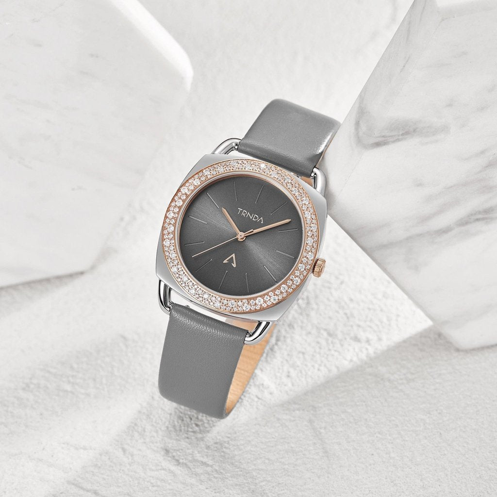 TRNDA Women's Stainless Steel Watch, Gray Leather Band | TRD-SS35-4