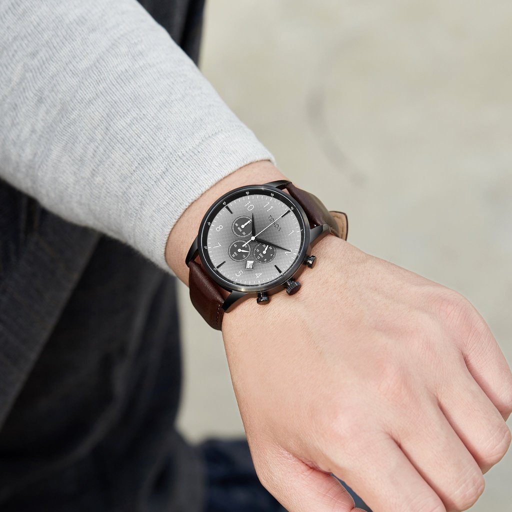 TRNDA Men's Stainless Steel Black Watch, Brown Leather Band | TRNDA-43MM-1