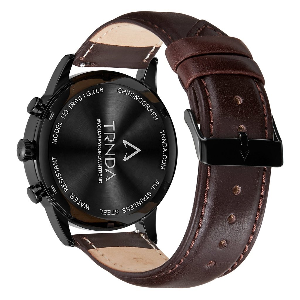 TRNDA Men's Stainless Steel Black Watch, Brown Leather Band | TRNDA-43MM-3