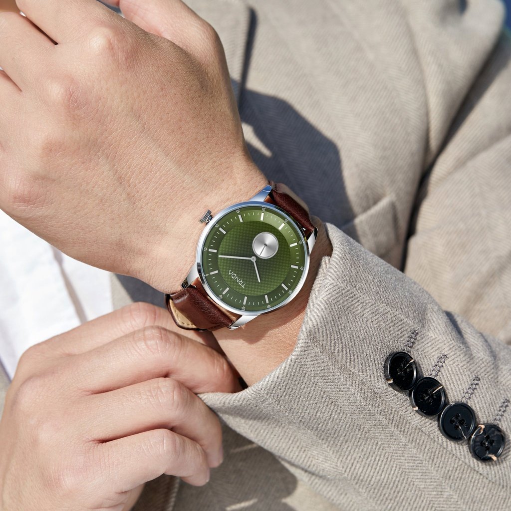 TRNDA Men's Stainless Steel Watch, Green Dial, Brown Band | TRN-43SGB-1